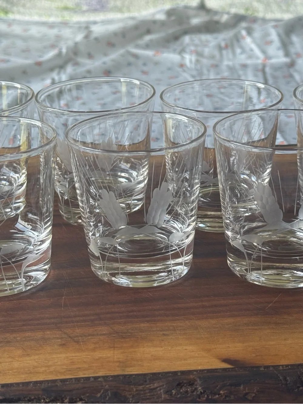 Set of 7 Etched Wheat Lowball Glasses